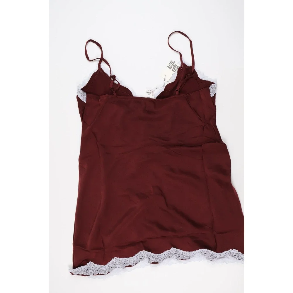 Overslept by Aerie Lace Trim Satin Chemise Nightgown Burgundy Red Small NWT